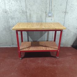 49-1/2" X 25-1/2" X 37"H Worktable With 1-3/4" Wood Top, Lower Shelf, And Lockable Casters