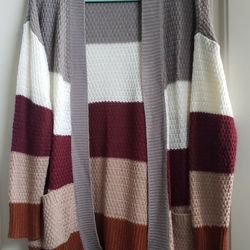 Brown, White & Burgundy Striped Sweater, Size 1xl