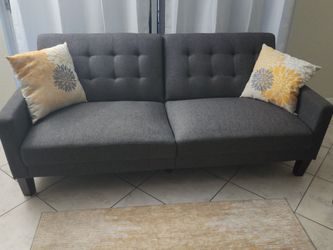 Gray Tufted Fabric Sofa/ Full Size Bed