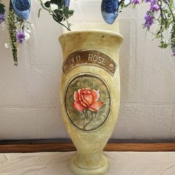 Stunning Tall Old Rose Clay Hand Painted Vase Flowerpot With Text Embellishment