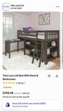 Gray Wood Loft Bed with Desk and Shelves