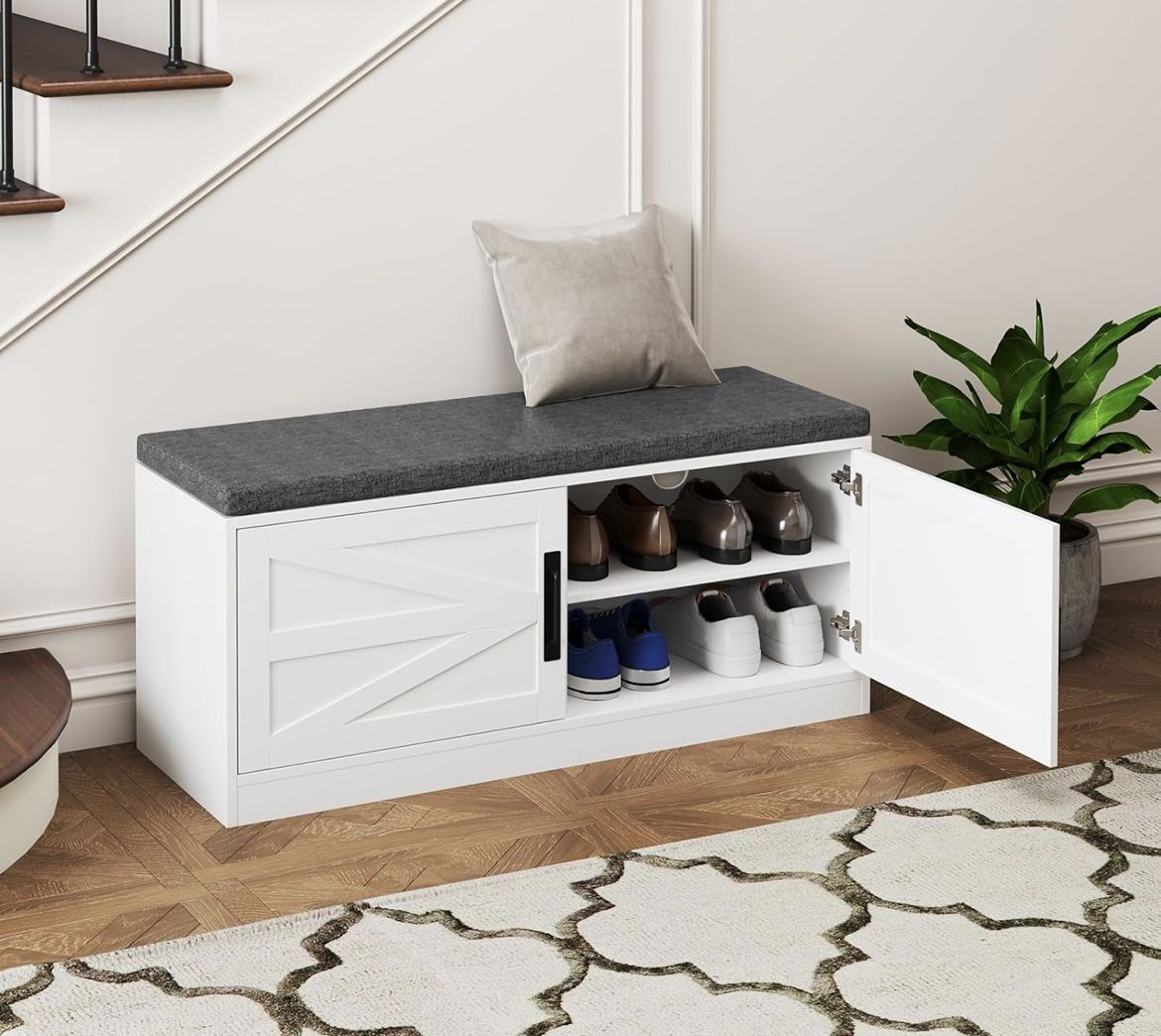 Minor Crack Assembled New Shoe Storage Bench with Cushion 2-Tier Entryway Bench w/2 Barn Doors 
