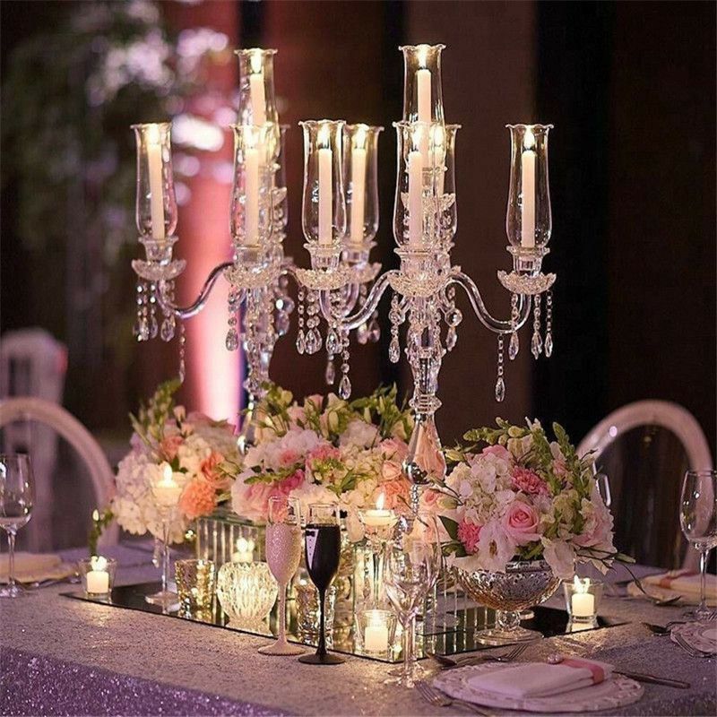 32" Tall 5 Arm PREMIUM Hurricane Taper Crystal Glass Candle Holders