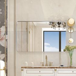 Rectangle Bathroom Mirror 40x30 inch Fireproof Waterproof Beveled Edge Design Rounded Corner Wall Mounted Vanity Mirror