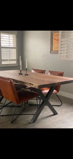 Set of 4 Cognac Leather Dining Chairs – Modern Industrial