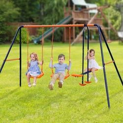 New Kids Garden Swing Set Metal Backyard Playground with 2 Seats with 1 Seesaw Play Set
