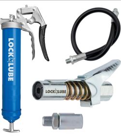 Heavy-Duty Pistol Grip Grease Gun with LockNLube® Grease Coupler, 20" Hose, and In-line Hose Swivel, Blue