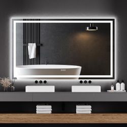New, 59 x 36 Inch Bathroom Mirror with Touch Button. This mirror features switchable color LED lighting and includes a defogger for clear visibility