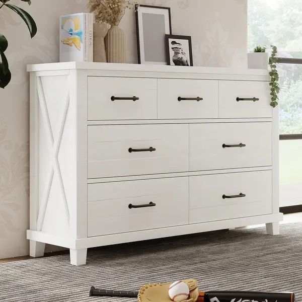 56” White Rustic 7-Drawer Solid Wood Dresser w/ Black Accents  ** Fully Assembled** [NEW IN BOX] **Retails for $900
