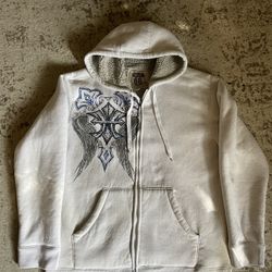 VTG Cyber Sweater Mens XL White Sherpa Lined Hoodie Wings Cross Goth Y2K
