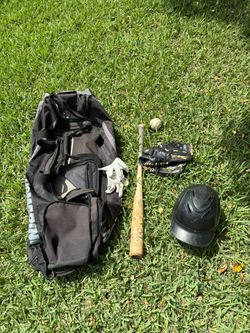 Helmet, Bat, Glove, Bag.