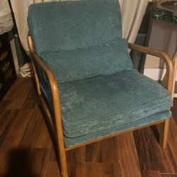 Mid-Century Modern Oak Armrest Single Lounge Chair, Teal Linen Upholstered Solid Wood Accent Chair for Living Room Study Balcony