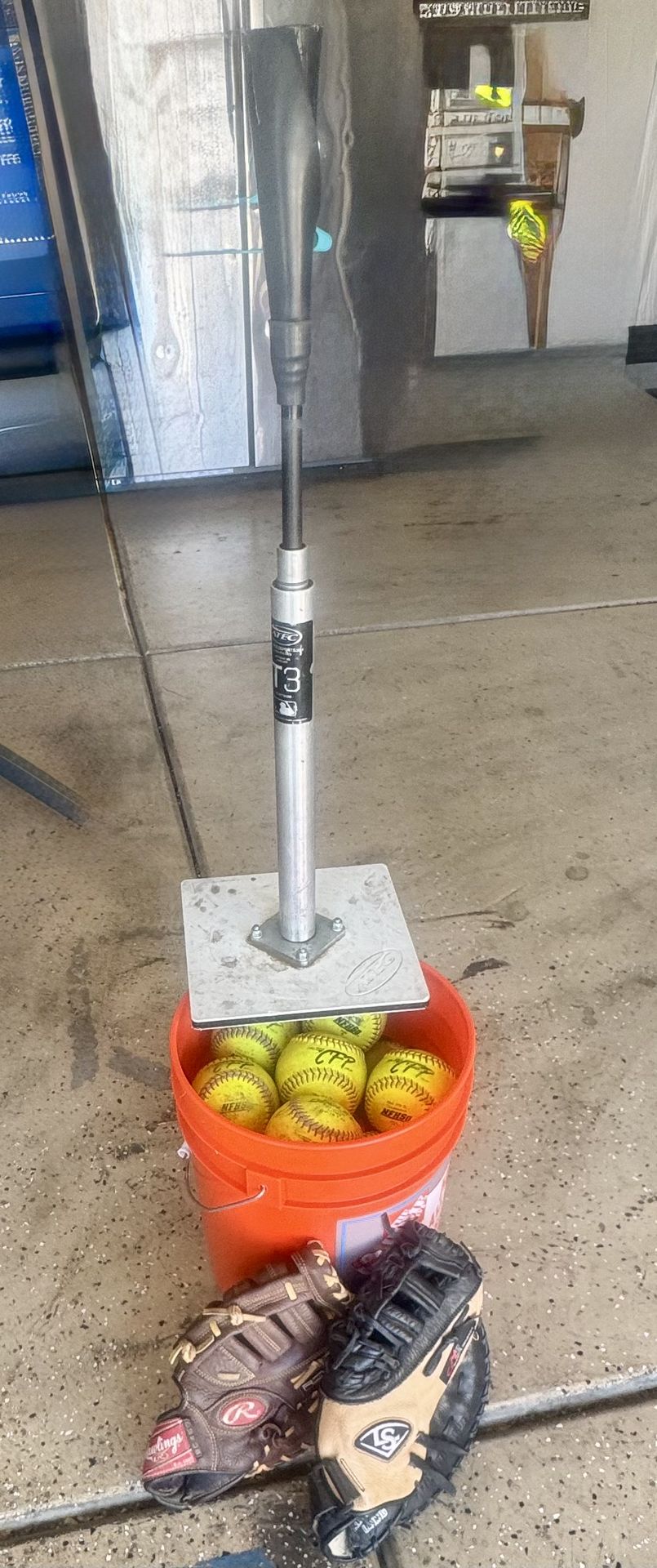 $120 OBO bucket of softballs 2 gloves (1st base gloves) and a Tec T3 hitting tee