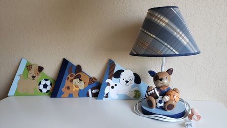 Nursery room night lamp and wooden wall decor