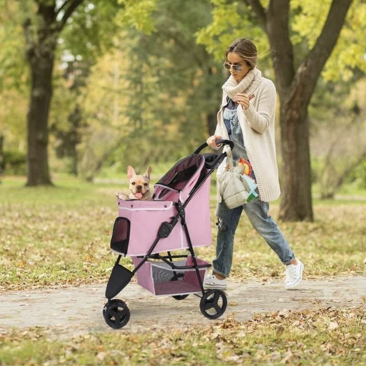 3 Wheels Foldable Pet Strollers with Storage Basket and Cup Holder for Small and Medium Cats, Dogs