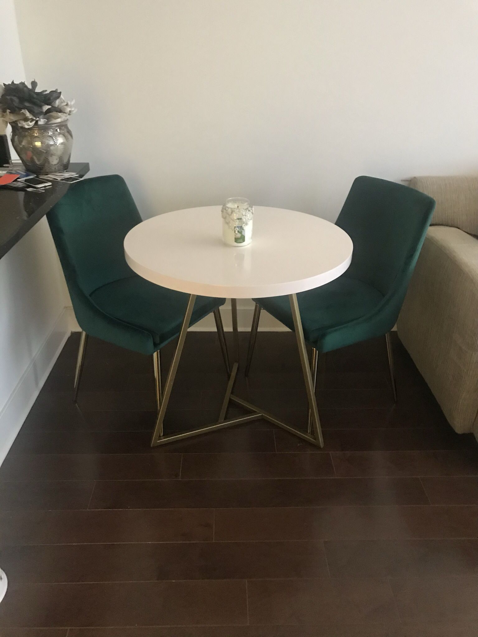 Bistro Table & Emerald Green Velvet Chairs - West Elm