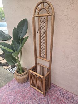 Vintage rattan bamboo Polynesian style umbrella stand hall tree
