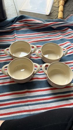 Set of 4 Cream Ceramic Soup Bowls with Handles