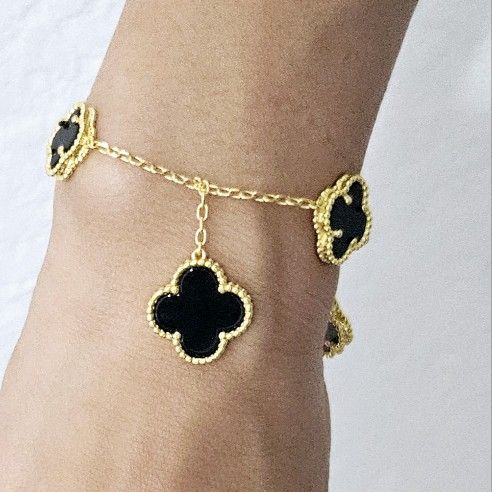 18k gold with black floral enamel charm women's bracelet Gift
