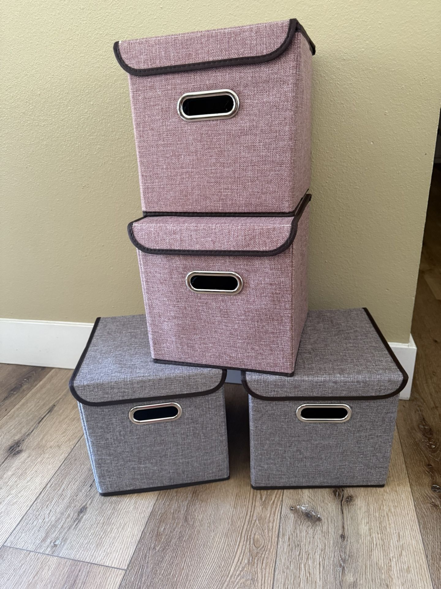 Storage Bin [Set of 4] Linen Fabric Foldable Container with Lid, Collapsible Organizer Boxes Cubes – 10 x 10 x 10 Inches (Red)