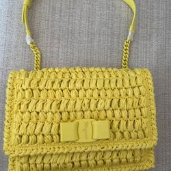 Salvatore Ferragamo Viva Bow Crochet Raffia Shoulder Bag In Yellow NWT