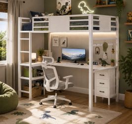 Twin bed with L-Shaped Desk, LED Lights,Charging Station, Twin Metal Loft Bed Frame with Fabric Drawers & Shelve, 13.4" H Safety Guardrail, No Box Spr