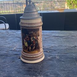 Antique  German Beer Stein  Tavern Scene. Jewish Star Of David