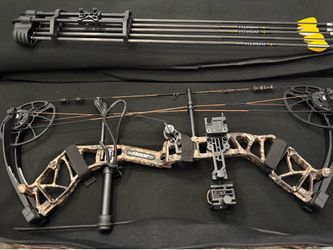 Bear Legit compound bow right hand, with QAD fall away rest, arrows, release, bow case.