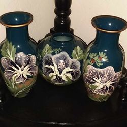 X3 VINTAGE HAND PAINTED PORCELAIN TEAL BLUE WHITE FLORAL FLOWER ASIAN ORIENTAL TRI-EVER CHINESE FLOWER VASE GING
