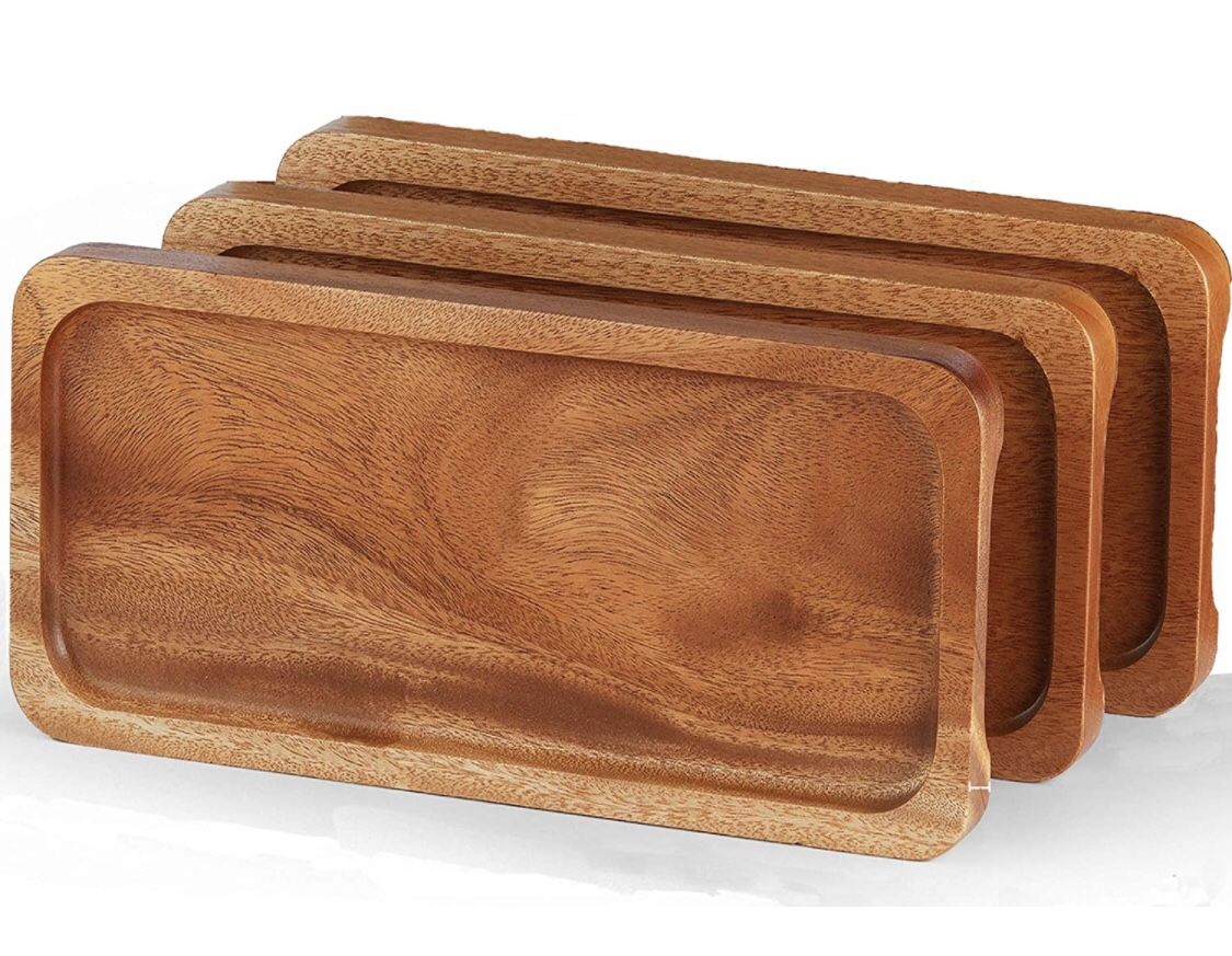 Serving Tray and Platter (Set of 3, 14.5"x7") Solid Natural Wood for Food Holder/BBQ/Party Buffet, Avoid Sliding Spilling Food with Easy Carry Grooved