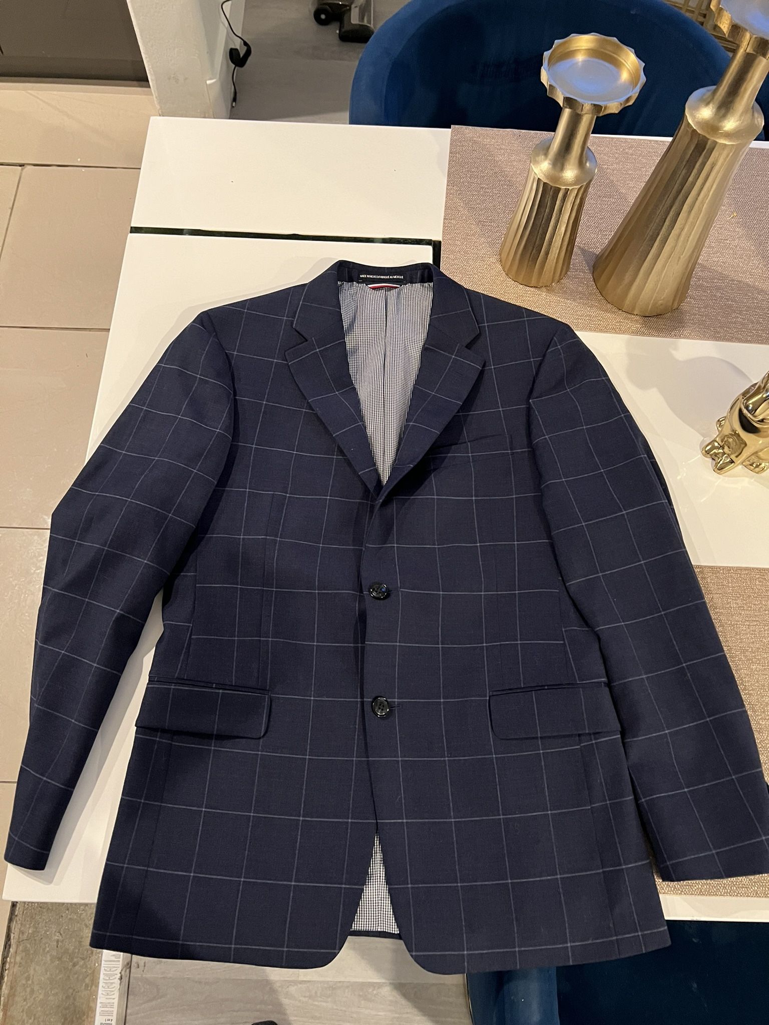 Tommy Hilfiger Mens Blazer Size 38 38R Linen Suit Jacket Blue White Windowpane