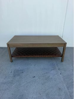 Wood Coffee Table with Woven Leather Shelf