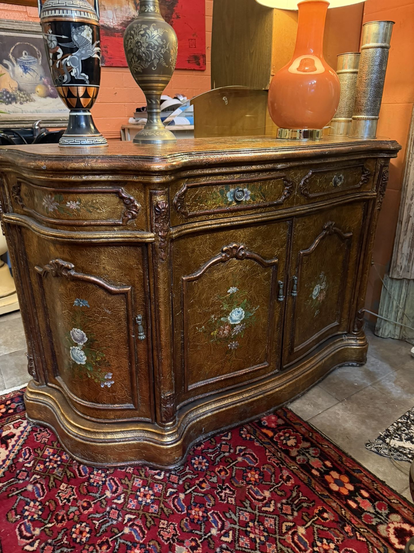 Beautiful Hand-Painted Flowers, Gold Lots Of Storage Buffet Cabinet 58 Wide 34 1/2 Tall 19 D