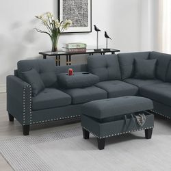 Brand New Dark Grey L Shape Sectional With Drop Down Cup Holder Arm Rest 