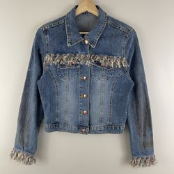 Vintage Y2K Light Wash Faded Denim Multicolor Fabric Fringe Graphic Jean Jacket