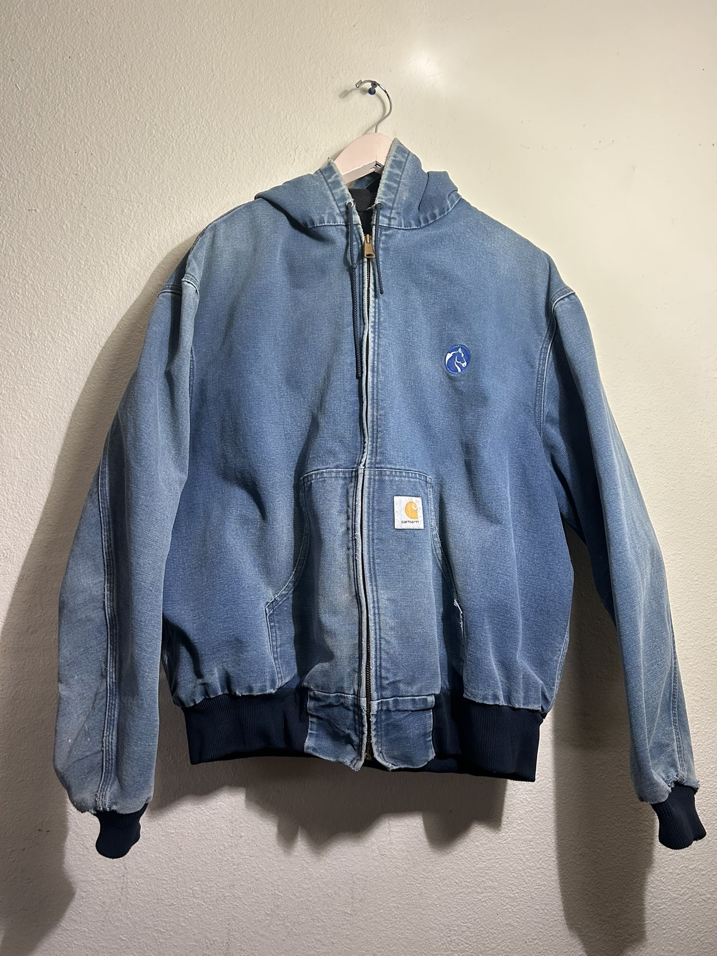 VTG 90’S CARHARTT BLUE DENIM BLACK LINED ZIP UP HEAVYWEIGHT JACKET SIZE XL