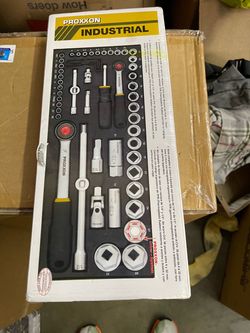 This is the Proxxon Industrial 56-piece complete socket set with 1/4” and 1/2” ratchets (CrV steel sockets 4–32 mm, spark plug sockets, bits, Allen ke