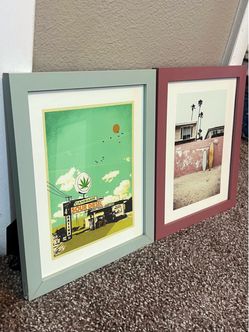 2 Retro Framed Art Prints - Vintage Green Cannabis Sour Diesel & Pink Boho California Surfboards