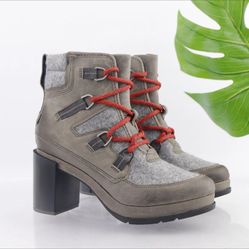 Sorel Women's Blake Boot Size 8.5 Waterproof Block Heel Lace Up Bootie Grey Red