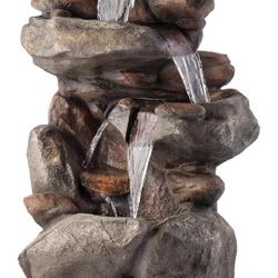 Alpine Corporation | 40" 4-Tier Rock Floor Fountain with Cascading Water & White LED Lights, Tranquil Outdoor Water Feature for Garden, Patio, Yard & 