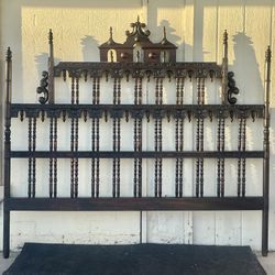 Gorgeous Vintage Spanish Revival Hand Carved King Pagoda Headboard