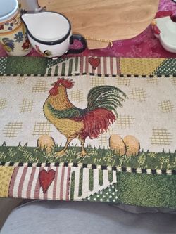Rooster table runner and dishes and wall decore