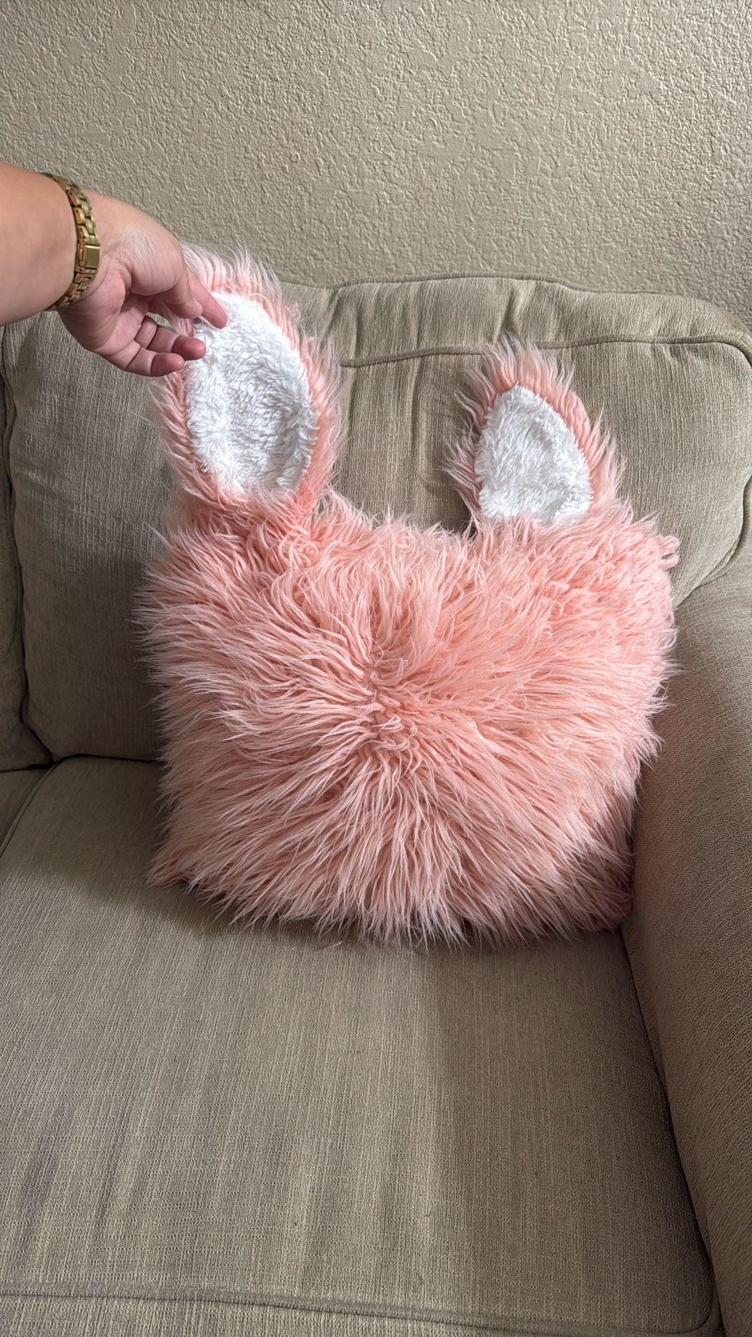 Rabbit Faux Fur Throw Pillow In Pink