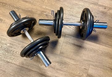 Set of Olympic Adjustable Dumbbells with NEW Cast Iron plates CAP: 10s, 5s and 2.5s  total: 88 lbs.
