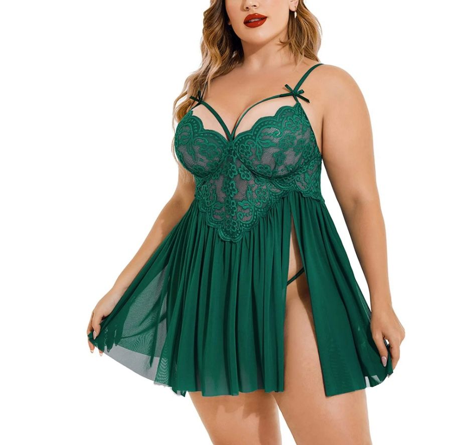 Plus Size Lingerie Lace Babydoll Womens Strap Chemise Nightgown V Neck Nighty Mesh Sleepwear Side Slit Nightdress