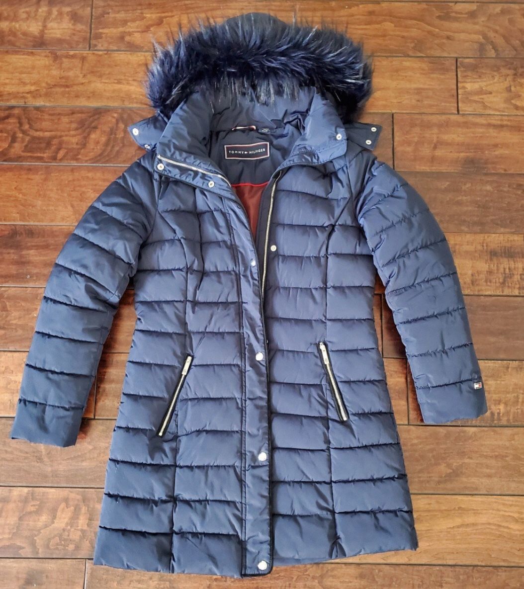 Tommy HILFIGER Winter Snow Coat Jacket Fur Navy Blue Hooded Warm