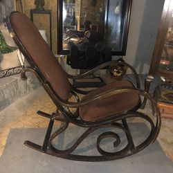 Vtg Curved Wood Rocking Chair w/ burnt orange backing and seat