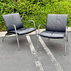 Leather Chairs Chrome Armchair KEBE Denmark Post Modern MCM Set 2 Black 80s