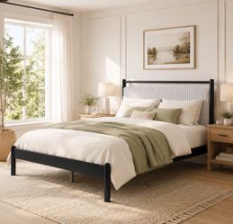 Queen Size Black Metal Bed Frame with Upholstered Headboard
