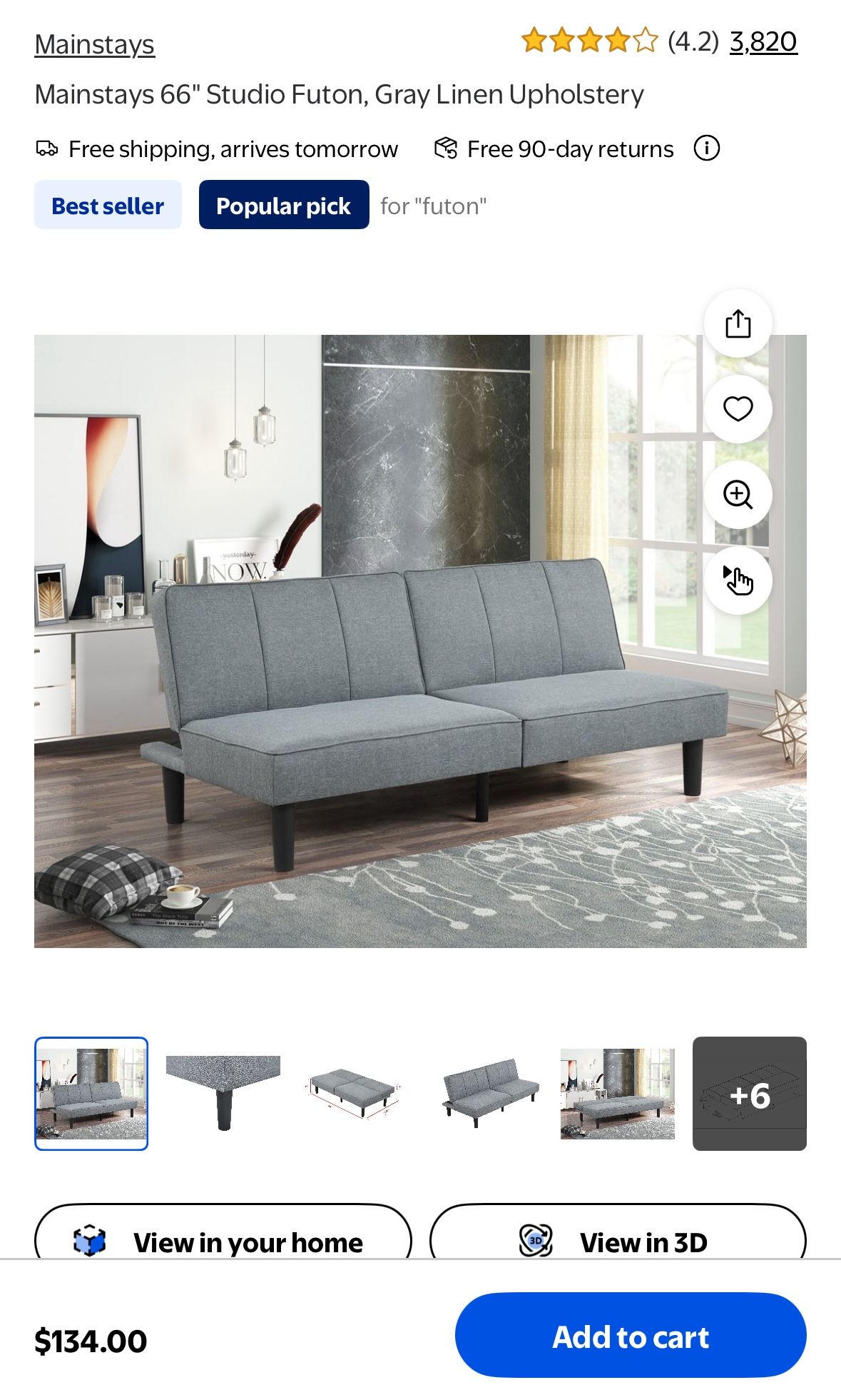 Gray Futon/Sofa Bed – Great Condition – Space-Saving